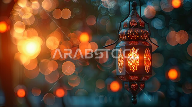 الاحتفال بالمناسبات والأعياد الدينية الاسلامية، ديكورات وزينة رمضان المبارك, صورة مقربة لفانوس معدني تقليدي معلق مضيء, تحف واكسسوارات متميزة، البهجة بقدوم شهر الخير، خلفية ضبابية