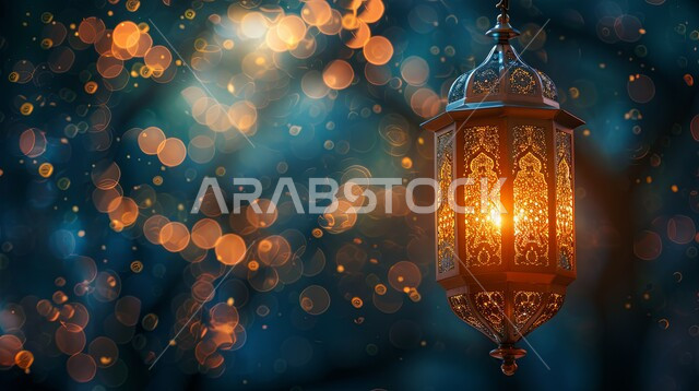 الاحتفال بالمناسبات والأعياد الدينية الاسلامية، ديكورات وزينة رمضان المبارك, صورة مقربة لفانوس معدني تقليدي معلق مضيء, تحف واكسسوارات متميزة، البهجة بقدوم شهر الخير، خلفية ضبابية