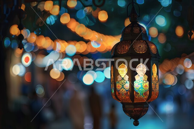 الاحتفال بالمناسبات والأعياد الدينية الاسلامية، ديكورات وزينة رمضان المبارك, صورة مقربة لفانوس معدني تقليدي معلق مضيء, تحف واكسسوارات متميزة، البهجة بقدوم شهر الخير، خلفية ضبابية