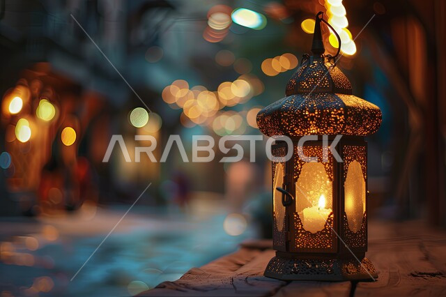 الاحتفال بالمناسبات والأعياد الدينية الاسلامية، ديكورات وزينة رمضان المبارك, صورة مقربة لفانوس معدني تقليدي معلق مضيء, تحف واكسسوارات متميزة، البهجة بقدوم شهر الخير، خلفية ضبابية