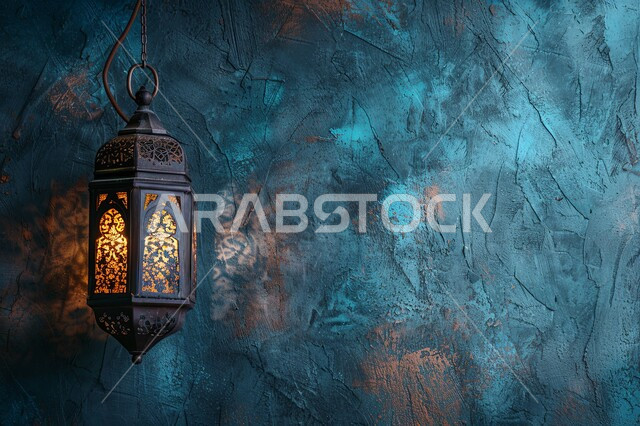 الاحتفال بالمناسبات والأعياد الدينية الاسلامية، ديكورات وزينة رمضان المبارك, صورة مقربة لفانوس معدني تقليدي معلق مضيء, تحف واكسسوارات متميزة، البهجة بقدوم شهر الخير، خلفية زرقاء