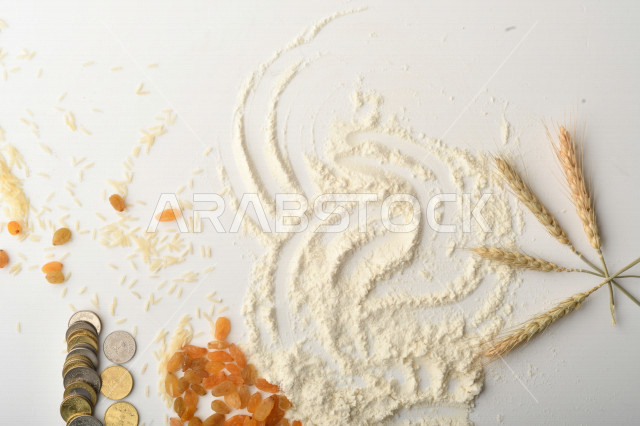 مجموعة من الأرز والزبيب والقمح والطحين والعملات المعدنية على خلفية بيضاء
