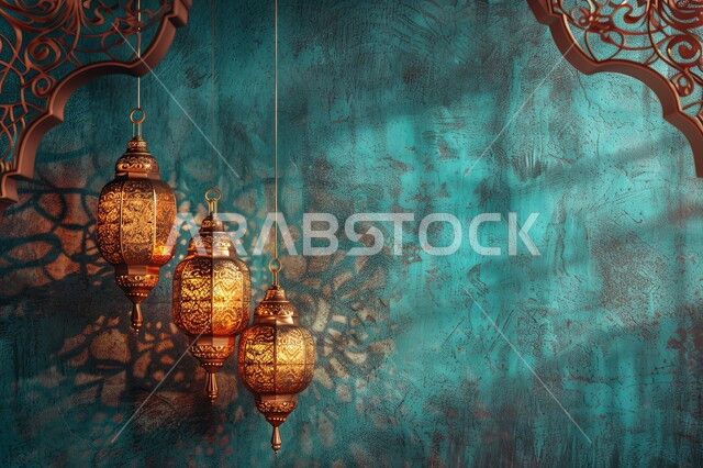 الاحتفال بالمناسبات والأعياد الدينية الاسلامية، ديكورات وزينة رمضان المبارك, صورة مقربة لمجموعة من الفوانيس المعدنية التقليدية المعلقة المضيئة, تحف واكسسوارات متميزة، البهجة بقدوم شهر الخير، خلفية زرقاء