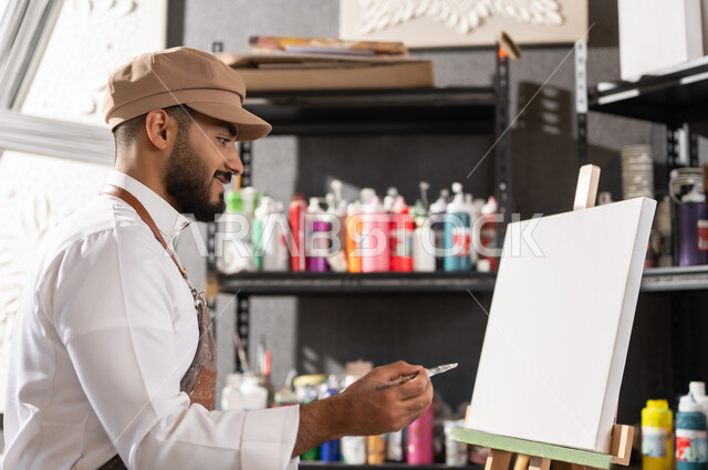 الشغف في ممارسة الهوايات المفضلة و الفنون اليدوية , استخدام الريشة للرسم على اللوحة , ورشة عمل فنية , رسام عربي خليجي سعودي يرتدي الثوب التقليدي و مريلة الرسم يجلس على الكرسي يفكر في رسم شيء ما