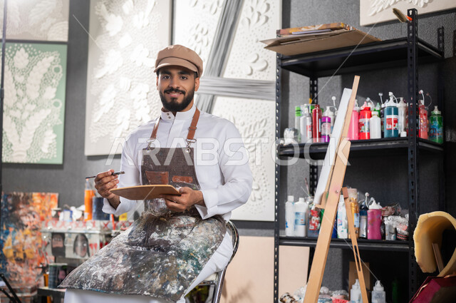 إتقان هواية الفنون اليدوية , استخدام أدوات و معدات الرسم و التلوين , ورشة عمل فنية , رسام عربي خليجي سعودي يرتدي الثوب التقليدي و مريلة الرسم يجلس على الكرسي أمام اللوحة , النظر إلى الكاميرا بإيماءات الفرح و السرور
