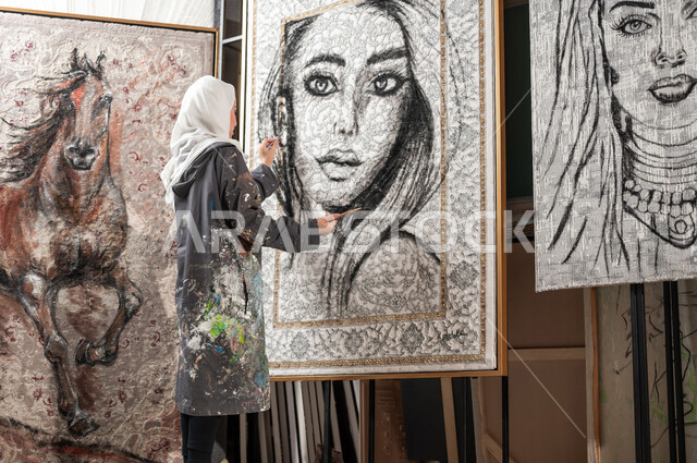 مفهوم الموهبة و الإبداع , رسامة عربية خليجية سعودية محجبة ترتدي مريلة الرسم تقوم بإتمام تفاصيل وجه امرأة في اللوحات الجدارية المعلقة , معرض الرسومات التشكيلية في السعودية , ورشة عمل فنية