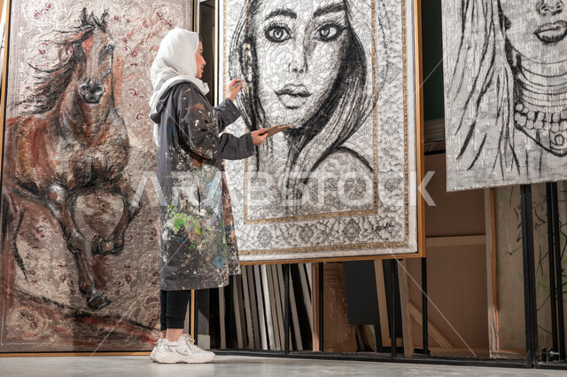 الشغف في ممارسة الفنون اليدوية و الهوايات المفضلة , رسامة عربية خليجية سعودية محجبة ترتدي مريلة الرسم تقوم بإتمام تفاصيل وجه الامرأة في اللوحات الجدارية المعلقة , معرض الرسومات التشكيلية في السعودية , ورشة عمل فنية