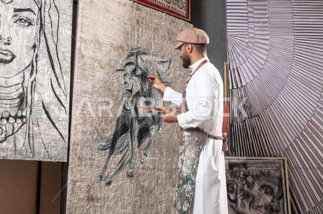 مفهوم الموهبة و الإبداع , معرض الرسومات و اللوحات التشكيلية في السعودية , رسام عربي خليجي سعودي يرتدي الثوب التقليدي و مريلة الرسم يقوم بإتمام تفاصيل الحصان , ممارسة الفنون اليدوية و الهوايات المفضلة , ورشة عمل فنية