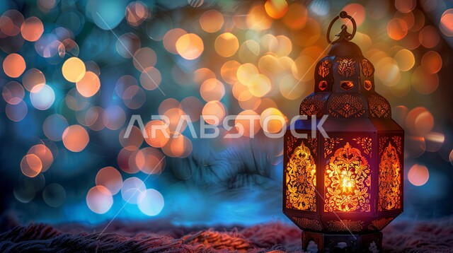 ديكورات وزينة رمضان المبارك, الاحتفال بالمناسبات والأعياد الدينية الاسلامية، صورة مقربة لفانوس معدني تقليدي مضيء, تحف واكسسوارات متميزة، البهجة بقدوم شهر الخير، خلفية ضبابية
