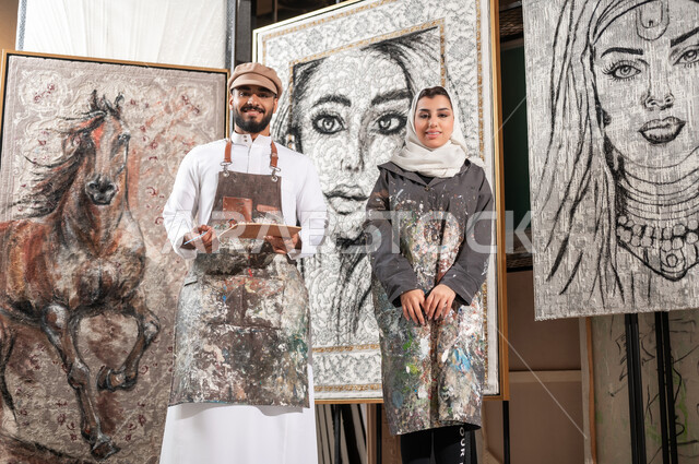 ممارسة الهوايات الفنية اليدوية , استخدام أدوات و معدات الرسم , الاستمتاع بالأنشطة الترفيهية الممتعة , رسامان عربيان خليجيان سعوديان ينظران إلى الكاميرا بإيماءات الفرح و السرور