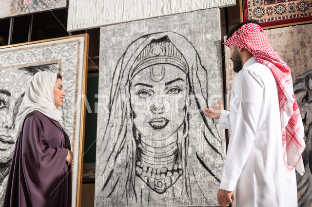 الاستمتاع بالأنشطة الترفيهية الممتعة , تأمل الرسوم الجدارية المعلقة , الاهتمام بالفنون اليدوية , زوجان عربيان خليجيان سعوديان يقفان أمام اللوحات المعلقة , رجل يشير بيده إلى لوحة امرأة بالأبيض و الأسود