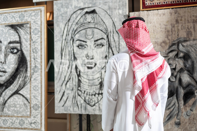 الشغف بموهبة الرسم , معرض للفنون الإبداعية , رسومات و لوحات تشكيلية فنية , صورة من الخلف لرجل عربي خليجي سعودي يرتدي الثوب التقليدي و الشماغ يقوم بتأمل لوحة لامرأة عربية , الاهتمام الفنون اليدوية