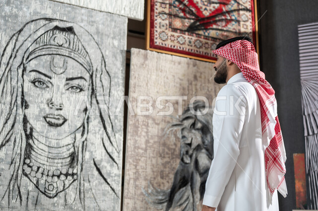 معرض للفنون الإبداعية , رسومات و لوحات تشكيلية فنية , صورة من الجانب لرجل عربي خليجي سعودي يرتدي الثوب التقليدي و الشماغ يقوم بتأمل لوحة لامرأة عربية , الاهتمام الفنون اليدوية , الشغف بموهبة الرسم