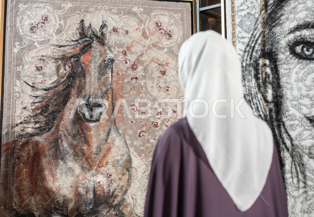 تصاميم فنية مميزة , التجول في معرض الرسومات و اللوحات التشكيلية , صورة من الخلف لامرأة عربية خليجية سعودية محجبة ترتدي عباءة ملونة تقوم بتأمل لوحة لحصان عربي أصيل , الاهتمام بالفنون اليدوية , الشغف بموهبة الرسم