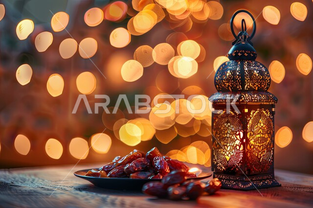 ديكورات وزينة رمضان المبارك, الأجواء الروحانية والاحتفال بالمناسبات والأعياد الدينية الاسلامية، صورة مقربة لفانوس معدني تقليدي مضيء مع طبق من التمر, البهجة بقدوم شهر الخير، تحف واكسسوارت متميزة، ضيافة رمضانية شهية