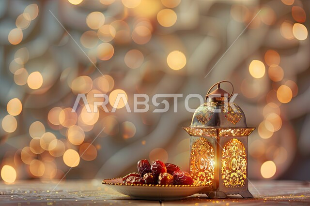 ديكورات وزينة رمضان المبارك, الأجواء الروحانية والاحتفال بالمناسبات والأعياد الدينية الاسلامية، صورة مقربة لفانوس معدني تقليدي مضيء مع طبق من التمر, البهجة بقدوم شهر الخير، تحف واكسسوارت متميزة، ضيافة رمضانية شهية