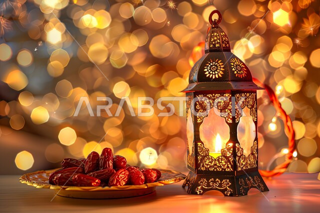 ديكورات وزينة رمضان المبارك, الأجواء الروحانية والاحتفال بالمناسبات والأعياد الدينية الاسلامية، صورة مقربة لفانوس معدني تقليدي مضيء مع طبق من التمر, البهجة بقدوم شهر الخير، تحف واكسسوارت متميزة، ضيافة رمضانية شهية
