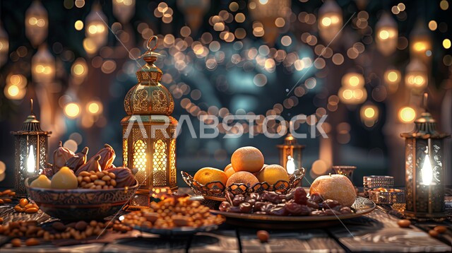 ضيافة رمضانية شهية، ديكورات وزينة رمضان المبارك, الأجواء الروحانية والاحتفال بالمناسبات والأعياد الدينية الاسلامية، صورة مقربة لفوانيس معدنية تقليدية مضيئة مع طبق من التمر والفواكه, البهجة بقدوم شهر الخير، تحف واكسسوارت متميزة