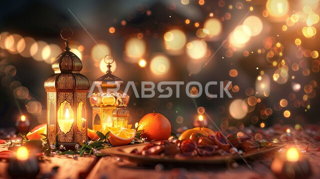 ضيافة رمضانية شهية، ديكورات وزينة رمضان المبارك, الأجواء الروحانية والاحتفال بالمناسبات والأعياد الدينية الاسلامية، صورة مقربة لفوانيس معدنية تقليدية مضيئة مع طبق من التمر والفواكه, البهجة بقدوم شهر الخير، تحف واكسسوارت متميزة