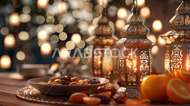 ضيافة رمضانية شهية، ديكورات وزينة رمضان المبارك, الأجواء الروحانية والاحتفال بالمناسبات والأعياد الدينية الاسلامية، صورة مقربة لفوانيس معدنية تقليدية مضيئة مع طبق من التمر والفواكه, البهجة بقدوم شهر الخير، تحف واكسسوارت متميزة