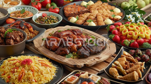 حلول موعد الإفطار عند اذان المغرب، سفرة مليئة بأصناف المأكولات والمقبلات الشهية، الوجبات والأطباق الرئيسية على مائدة الطعام، مطاعم ومطابخ المملكة العربية السعودية، أنواع الأطعمة الشرقية العربية في موائد رمضان المبارك