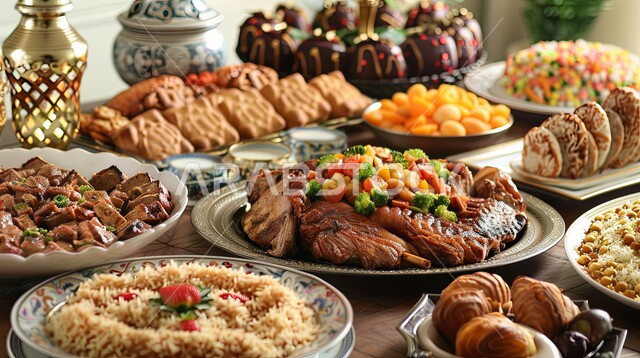 حلول موعد الإفطار عند اذان المغرب، سفرة مليئة بأصناف المأكولات والمقبلات الشهية، الوجبات والأطباق الرئيسية على مائدة الطعام، مطاعم ومطابخ المملكة العربية السعودية، أنواع الأطعمة الشرقية العربية في موائد رمضان المبارك