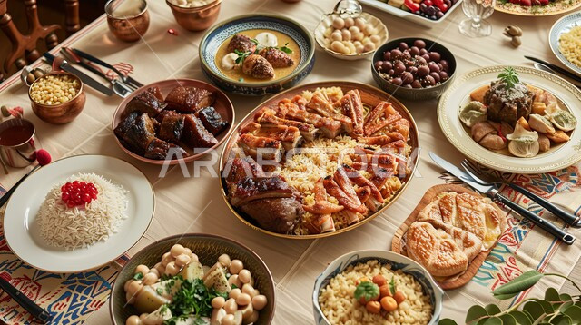 حلول موعد الإفطار عند اذان المغرب، سفرة مليئة بأصناف المأكولات والمقبلات الشهية، الوجبات والأطباق الرئيسية على مائدة الطعام، مطاعم ومطابخ المملكة العربية السعودية، أنواع الأطعمة الشرقية العربية في موائد رمضان المبارك