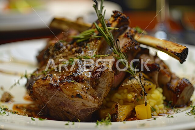 Varieties of delicious food and appetizers, pieces of lamb with vegetables, meals and main dishes on the dining table, restaurants and kitchens in the Kingdom of Saudi Arabia, types of distinguished oriental foods