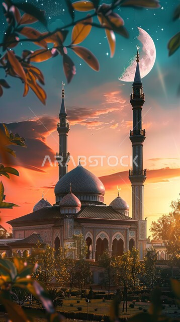 The architectural engineering art of mosques, distinct decorations and designs in the Islamic style for domes and minarets, a luxurious, luminous Arab mosque, worship and getting closer to God, performing obligatory prayers and prayers, Ramadan religious backgrounds, interest in planting green plants and trees, the view of the moon and stars in the sky