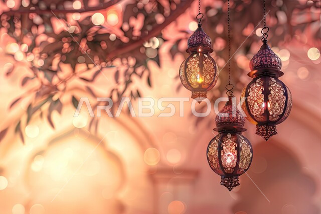 أجواء الاحتفال بالمناسبات والأعياد الدينية الاسلامية، ديكورات وزينة رمضان المبارك, مجموعة من الفوانيس المعدنية التقليدية المضيئة المعلقة على غصن شجرة, البهجة بقدوم شهر الخير، خلفية باللون الوردي