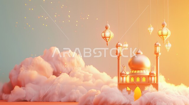خلفيات دينية رمضانية، ديكورات وتصاميم متميزة على الطراز الاسلامي للقبب والمآذن، الفن الهندسي المعماري للمساجد، تصميم ثلاثي الأبعاد لمسجد عربي فاخر وفوانيس معدنية معلقة، العبادة والتقرب إلى الله، آداء الفرائض والصلوات، منظر الغيوم في السماء، خلفية وردية