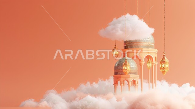خلفيات دينية رمضانية، ديكورات وتصاميم متميزة على الطراز الاسلامي للقبب والمآذن، الفن الهندسي المعماري للمساجد، تصميم ثلاثي الأبعاد لمسجد عربي فاخر وفوانيس معدنية معلقة، العبادة والتقرب إلى الله، آداء الفرائض والصلوات، منظر الغيوم في السماء، خلفية وردية
