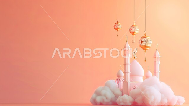 خلفيات دينية رمضانية، ديكورات وتصاميم متميزة على الطراز الاسلامي للقبب والمآذن، الفن الهندسي المعماري للمساجد، تصميم ثلاثي الأبعاد لمسجد عربي فاخر وفوانيس معدنية معلقة، العبادة والتقرب إلى الله، آداء الفرائض والصلوات، منظر الغيوم في السماء، خلفية وردية