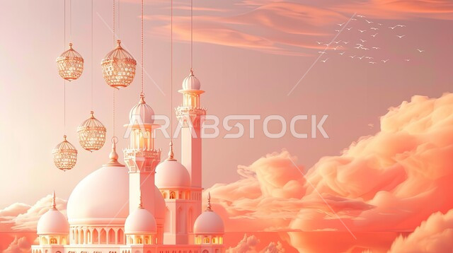 خلفيات دينية رمضانية، ديكورات وتصاميم متميزة على الطراز الاسلامي للقبب والمآذن، الفن الهندسي المعماري للمساجد، تصميم ثلاثي الأبعاد لمسجد عربي فاخر وفوانيس معدنية معلقة، العبادة والتقرب إلى الله، آداء الفرائض والصلوات، منظر الغيوم في السماء، خلفية وردية