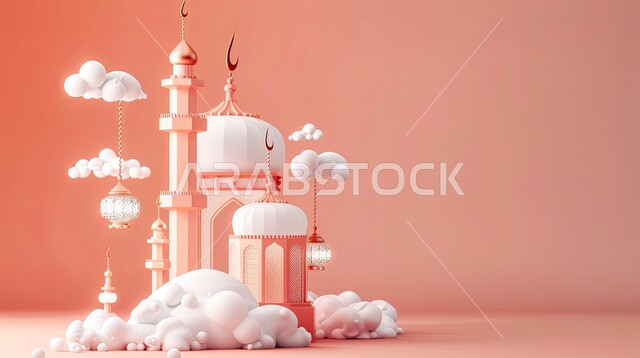 خلفيات دينية رمضانية، ديكورات وتصاميم متميزة على الطراز الاسلامي للقبب والمآذن، الفن الهندسي المعماري للمساجد، تصميم ثلاثي الأبعاد لمسجد عربي فاخر وفوانيس معدنية معلقة، العبادة والتقرب إلى الله، آداء الفرائض والصلوات، منظر الغيوم في السماء، خلفية وردية