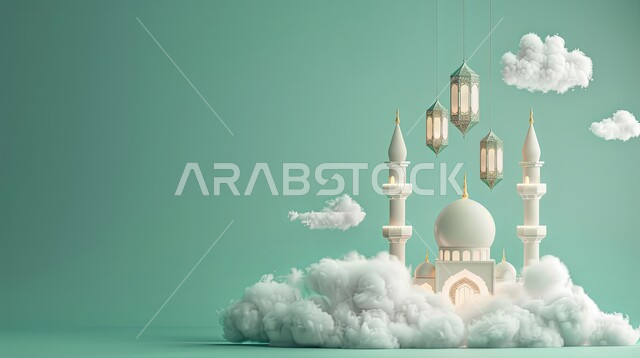 العبادة والتقرب إلى الله، خلفيات دينية رمضانية، ديكورات وتصاميم متميزة على الطراز الاسلامي للقبب والمآذن، الفن الهندسي المعماري للمساجد، تصميم ثلاثي الأبعاد لمسجد عربي فاخر وفوانيس معدنية معلقة، آداء الفرائض والصلوات، منظر الغيوم في السماء، خلفية زرقاء