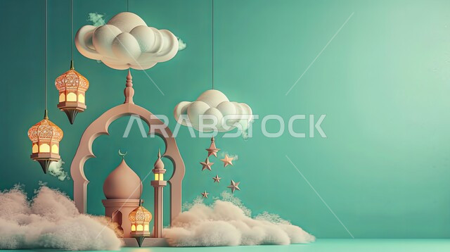 العبادة والتقرب إلى الله، خلفيات دينية رمضانية، ديكورات وتصاميم متميزة على الطراز الاسلامي للقبب والمآذن، الفن الهندسي المعماري للمساجد، تصميم ثلاثي الأبعاد لمسجد عربي فاخر وفوانيس معدنية معلقة، آداء الفرائض والصلوات، منظر الغيوم في السماء، خلفية زرقاء