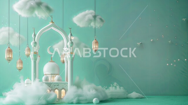 العبادة والتقرب إلى الله، خلفيات دينية رمضانية، ديكورات وتصاميم متميزة على الطراز الاسلامي للقبب والمآذن، الفن الهندسي المعماري للمساجد، تصميم ثلاثي الأبعاد لمسجد عربي فاخر وفوانيس معدنية معلقة، آداء الفرائض والصلوات، منظر الغيوم في السماء، خلفية زرقاء