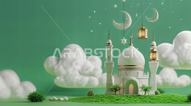 خلفيات دينية رمضانية، ديكورات وتصاميم متميزة على الطراز الاسلامي للقبب والمآذن، الفن الهندسي المعماري للمساجد، تصميم ثلاثي الأبعاد لمسجد عربي فاخر على المروج الخضراء الخصبة، فوانيس معدنية معلقة، آداء الفرائض والصلوات، منظر الغيوم في السماء، خلفية زرقاء