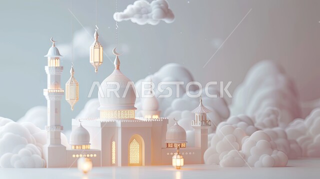 خلفيات دينية رمضانية، ديكورات وتصاميم متميزة على الطراز الاسلامي للقبب والمآذن، الفن الهندسي المعماري للمساجد، تصميم ثلاثي الأبعاد لمسجد عربي فاخر وفوانيس معدنية معلقة، آداء الفرائض والصلوات، منظر الغيوم في السماء، خلفية بيضاء