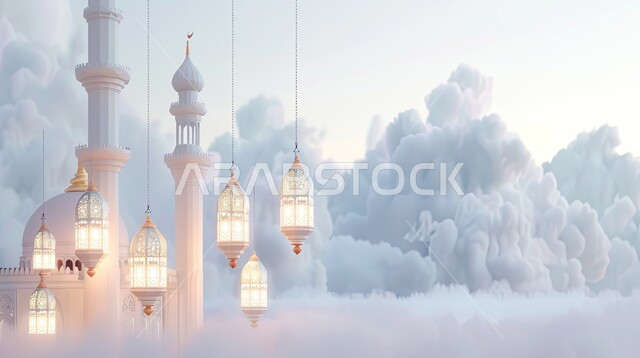 خلفيات دينية رمضانية، ديكورات وتصاميم متميزة على الطراز الاسلامي للقبب والمآذن، الفن الهندسي المعماري للمساجد، تصميم ثلاثي الأبعاد لمسجد عربي فاخر وفوانيس معدنية معلقة، آداء الفرائض والصلوات، منظر الغيوم في السماء، خلفية بيضاء