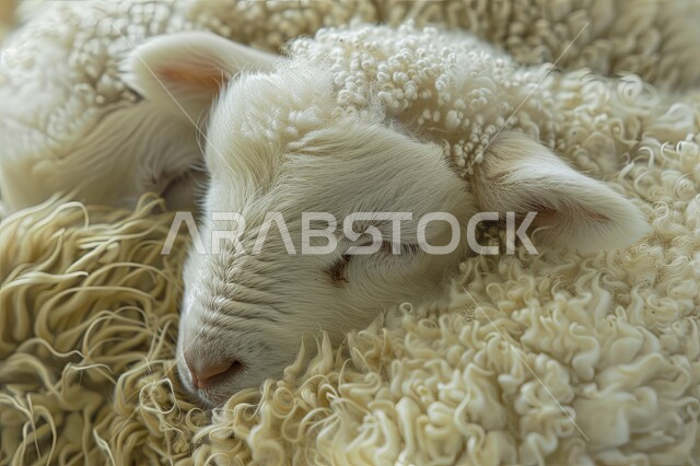Livestock and animal raising, a close-up of a white sheep sleeping on soft wool, the offering of Eid al-Adha, celebrating Islamic religious occasions and holidays, caring for mammals in the Kingdom of Saudi Arabia