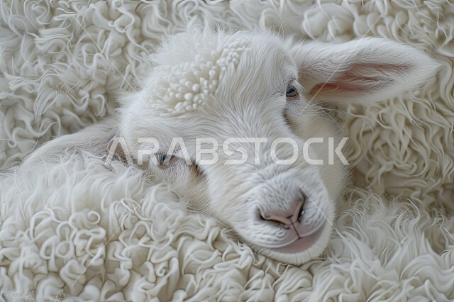 Livestock and animal raising, a close-up of a white sheep sleeping on soft wool, the offering of Eid al-Adha, celebrating Islamic religious occasions and holidays, caring for mammals in the Kingdom of Saudi Arabia