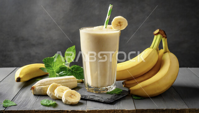 مشروبات فواكه موسمية منعشة، محاصيل زراعية وثمار وطنية محلية سعودية، كأس من عصير فاكهة الموز اللذيذة، مشاريب صحية ومفيدة ومغذية، كوكتيلات وعصائر طبيعية باردة شهية