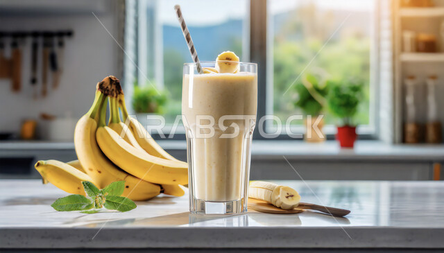 مشاريب صحية ومفيدة ومغذية، كوكتيلات وعصائر طبيعية باردة شهية، مشروبات فواكه موسمية منعشة، محاصيل زراعية وثمار وطنية محلية سعودية، كأس من عصير فاكهة الموز اللذيذة