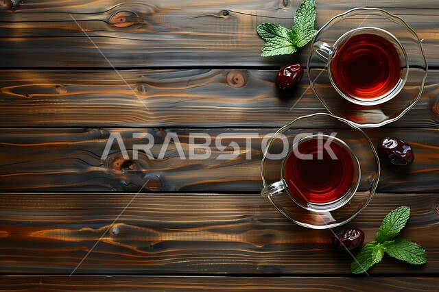 أكواب من الشاي الأحمر الساخن على طاولة خشبية، شراب ساخن شهي، حسن الاستقبال وكرم الضيافة، مشروبات لذيذة تقليدية