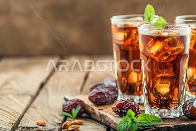 شراب بارد شهي، حسن الاستقبال وكرم الضيافة، مشروبات لذيذة صيفية، كوب من الشاي الأحمر المثلج على طاولة خشبية