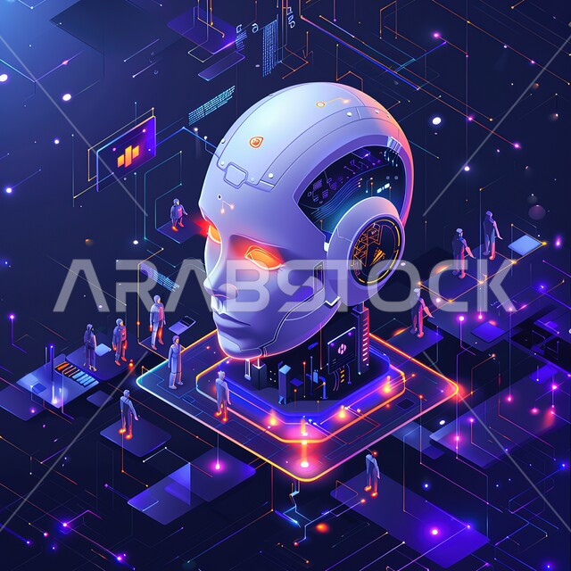تحقيق الثورة الصناعية، شبكة البيانات الضخمة والتحول الرقمي، رؤية سعودية 2030، تصاميم ثلاثية الأبعاد للروبوتات المستقبلية, علوم و تكنولوجيا الذكاء الاصطناعي ،صورة مقربة لرأس رجل آلي حديث ومتطور بتقنيات عالية، العمل بمخططات تقنية