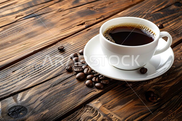  كوب اسبريسو لذيذ، كافيهات ومطاعم المملكة العربية السعودية، فنجان من القهوة السوداء على طاولة خشبية، حبوب البن المتناثرة، مشروب الكافيين الشهي