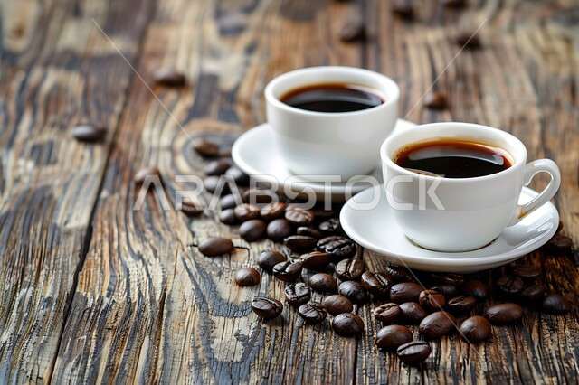 حبوب البن المتناثرة، مشروب كافيين لذيذ، كوب اسبريسو لذيذ، كافيهات ومطاعم المملكة العربية السعودية، فنجانان من القهوة السوداء على طاولة خشبية